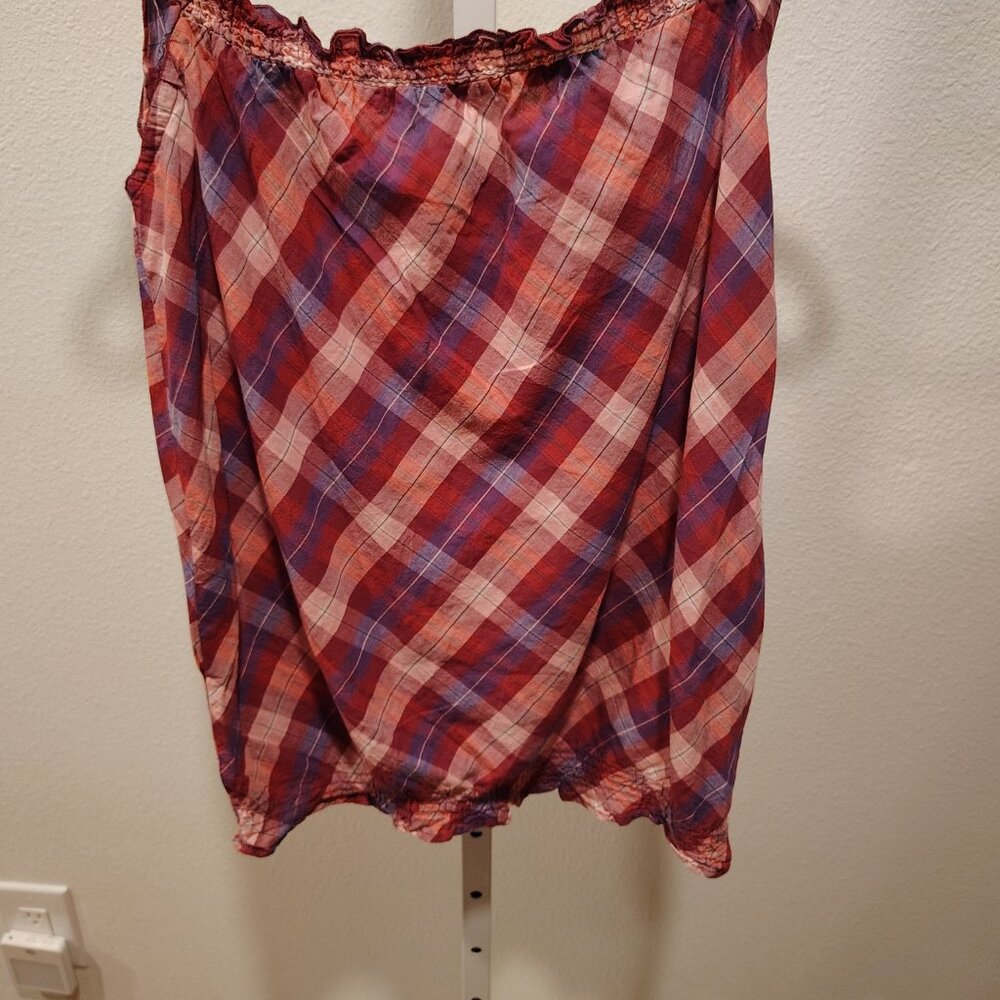 Y2K Vintage OP Junior's Plaid Tank Top Large Purple Pink Ruffle Straps Cotton - Picture 4 of 10